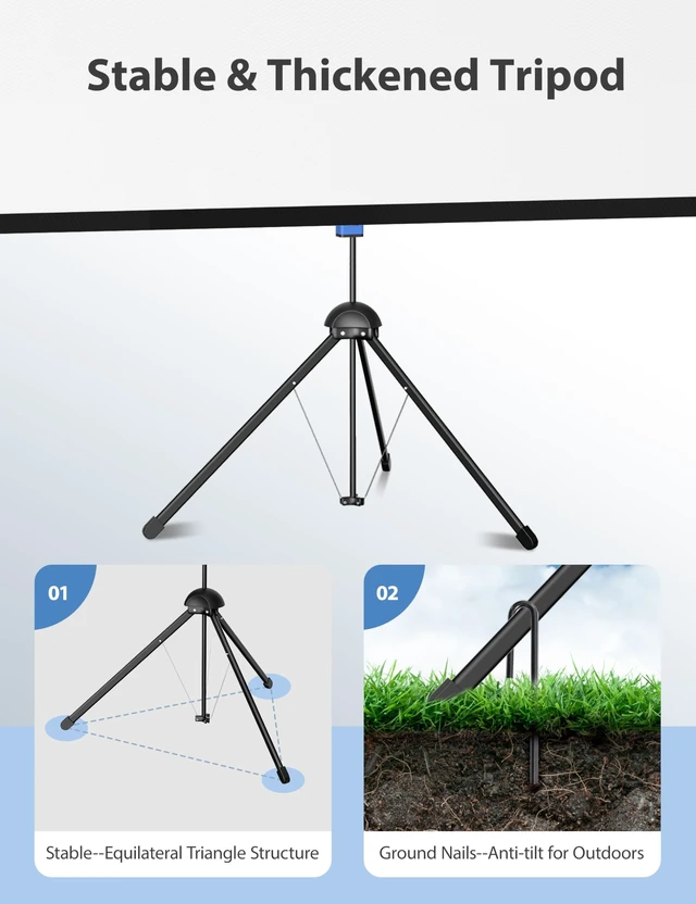 Alt view image 4 of 5 - Projector Screen with Stand, Paris RHONE 100-inch Outdoor Indoor Projector Screen 16:9 4K HD PVC, 1.5 Gain Portable Wrinkle-Free Movie Screen for Home Backyard Theater with Carry Bag, Ground Nails