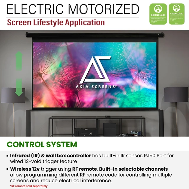 Alt view image 3 of 5 - Akia Screens 125-Inch Motorized Projector Screen, 16:9, Electric Drop Down with Remote, Wall or Ceiling Mount, 4K/8K Ready, AK-MOTORIZE125H2.