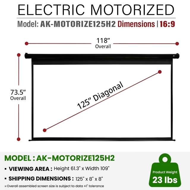Alt view image 5 of 5 - Akia Screens 125-Inch Motorized Projector Screen, 16:9, Electric Drop Down with Remote, Wall or Ceiling Mount, 4K/8K Ready, AK-MOTORIZE125H2.