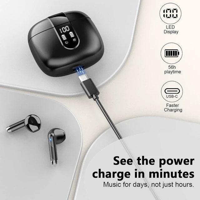 Alt view image 4 of 5 - Wireless Earbuds, Bluetooth Headphones V5.4 Stereo Bass Ear Buds with ENC Noise Cancelling Mics,56H Bluetooth Earbuds with LED Display Charging Case, IP7 Waterproof Earphones for Android iOSMin