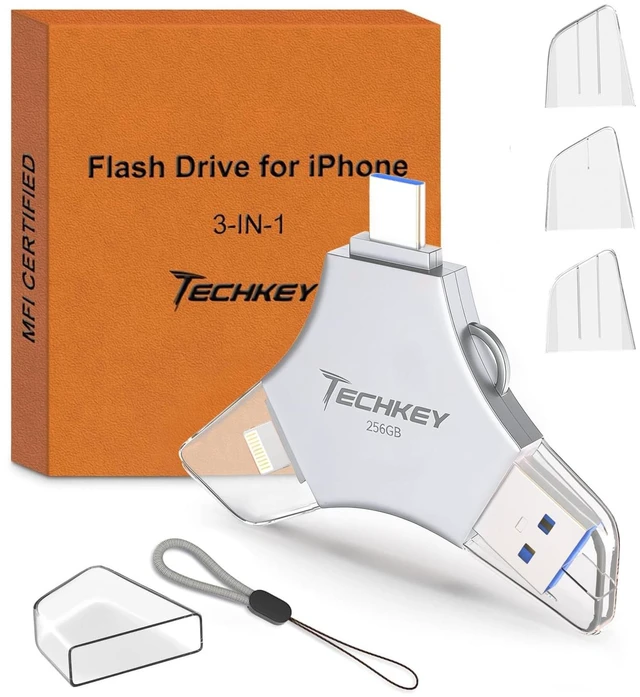 Main image of USB Flash Drive for iPhone/iPad, MFi Certified 3in1, 256GB, Silver