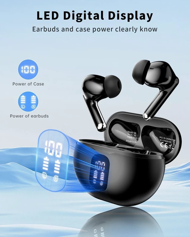 Alt view image 2 of 5 - Wireless Earbuds, Bluetooth 5.4 Ear Buds Bass Stereo, Headphones with Noise Cancelling Mic, LED Display in Ear Earphones Clear Calls, IP7 Waterproof Bluetooth Earbuds for Phone/Android/iPad Dar