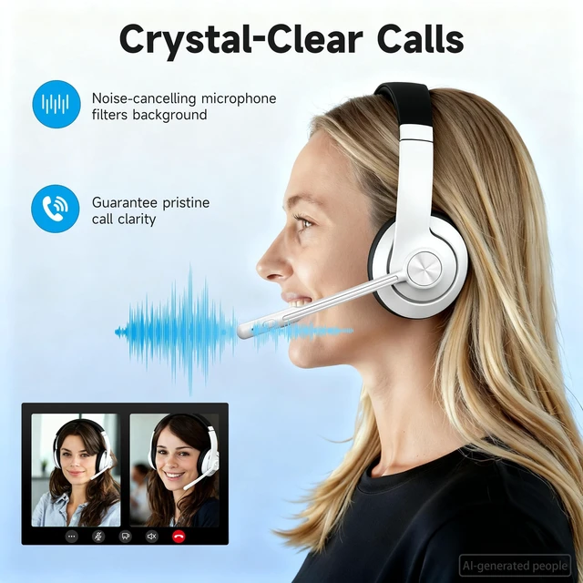 Alt view image 2 of 5 - AOC Wireless Headset with Mic for Work, PC Bluetooth 5.4 Headphones- White