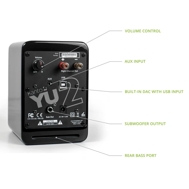 Alt view image 3 of 5 - Kanto YU2GB PC Gaming Desktop Speakers ^^ 3" Composite Drivers ^^ 3/4" Silk Dome Tweeter ^^ Class D Amplifier ^^ 100 Watts ^^ Built-in USB DAC ^^ Subwoofer Output ^^ Pair ^^ Gloss Black