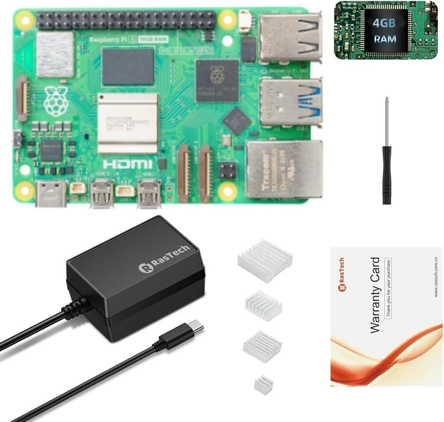 Main image of RasTech Raspberry Pi 5 Kit 4GB RAM with 27W PD Power Supply 5.1V5A, Aluminum Heatsinks and Raspberry Pi5 4GB Board Included