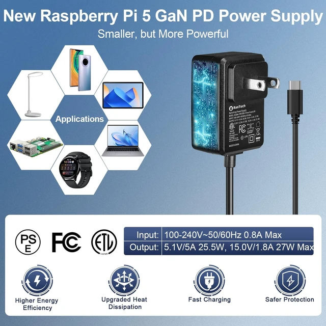 Alt view image 4 of 5 - RasTech Raspberry Pi 5 Kit 4GB RAM with 27W PD Power Supply 5.1V5A, Aluminum Heatsinks and Raspberry Pi5 4GB Board Included