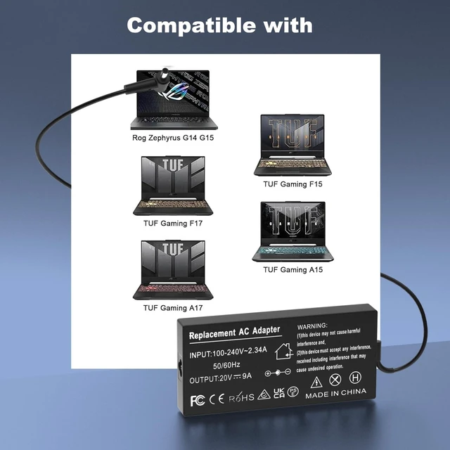 Alt view image 4 of 5 - KAQIAR 180W Charger Compatible with asus Laptop Charger Rog G14 GA401 G15 GA502,ADP-180TB H 20V 9A AC Adapter,TUF Gaming Series F15 F17 FX505D FX505G