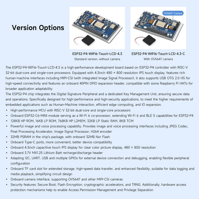 Alt view image 4 of 5 - Waveshare ESP32-P4-WIFI6 4.3inch Development Board, 480 800 Resolution, 5-Point Touch, Onboard Audio codec chip, Supports Wi-Fi 6 and BLE 5