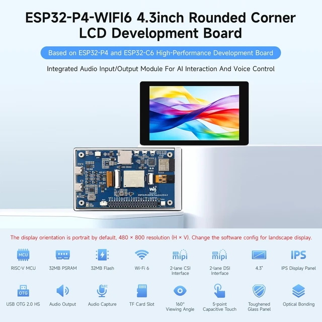 Alt view image 3 of 5 - Waveshare ESP32-P4-WIFI6 4.3inch Development Board, 480 800 Resolution, 5-Point Touch, Onboard Audio codec chip, Supports Wi-Fi 6 and BLE 5