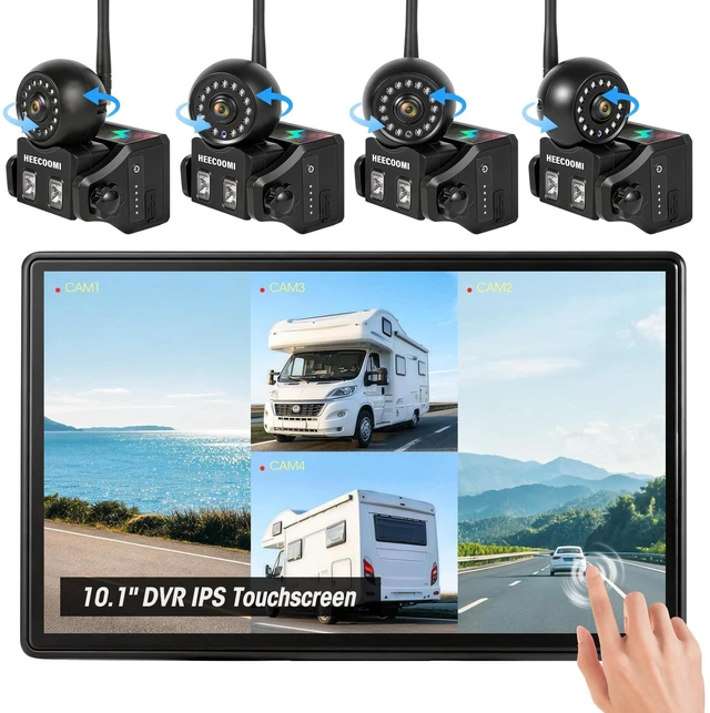 Main image of HEECOOMI 4 Magnetic Solar Wireless Backup Camera, 360 Rotating Lens + 10.1" HD Touchscreen DVR, 4x10000mAh Rechargeable IR Rear+Side-View Cameras, Auto-Sleep & Waterproof for RV/Truck/Trailer,
