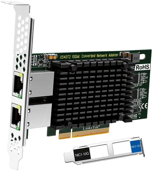 Main image of Dual 10GbE RJ45 Ports Converged Ethernet Adapter for Servers and Desktop PCs. Intel X540AT2 10Gb/s Ethernet Controller, PCIE x8 to 2X 10Gb/s RJ45 Ports NIC Card, for Storage & Gaming (X540T2)