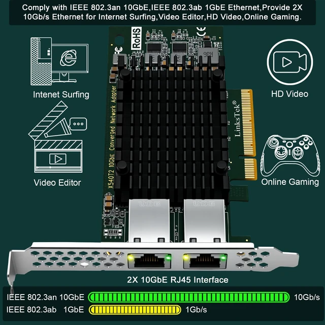 Alt view image 3 of 5 - Dual 10GbE RJ45 Ports Converged Ethernet Adapter for Servers and Desktop PCs. Intel X540AT2 10Gb/s Ethernet Controller, PCIE x8 to 2X 10Gb/s RJ45 Ports NIC Card, for Storage & Gaming (X540T2)