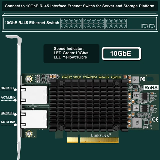 Alt view image 4 of 5 - Dual 10GbE RJ45 Ports Converged Ethernet Adapter for Servers and Desktop PCs. Intel X540AT2 10Gb/s Ethernet Controller, PCIE x8 to 2X 10Gb/s RJ45 Ports NIC Card, for Storage & Gaming (X540T2)