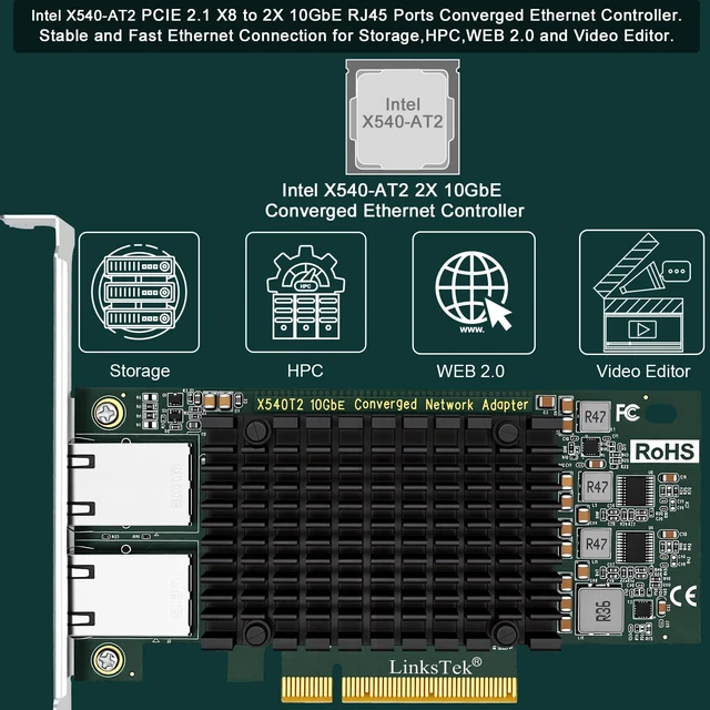 Alt view image 2 of 5 - Dual 10GbE RJ45 Ports Converged Ethernet Adapter for Servers and Desktop PCs. Intel X540AT2 10Gb/s Ethernet Controller, PCIE x8 to 2X 10Gb/s RJ45 Ports NIC Card, for Storage & Gaming (X540T2)