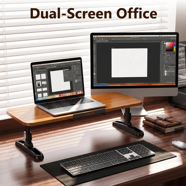 Alt view image 3 of 5 - nediea Ergonomic Wooden Monitor Stand Riser with Height Adjustable Button