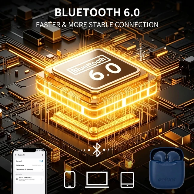 Alt view image 5 of 5 - Defunc True LITE II Wireless Earbuds Bluetooth 6.0, Semi in-Ear Headphones with ENC Clear Calls, Low Latency, 20H Playtime, IPX4 Waterproof, Comfortable Fit with AI App Support