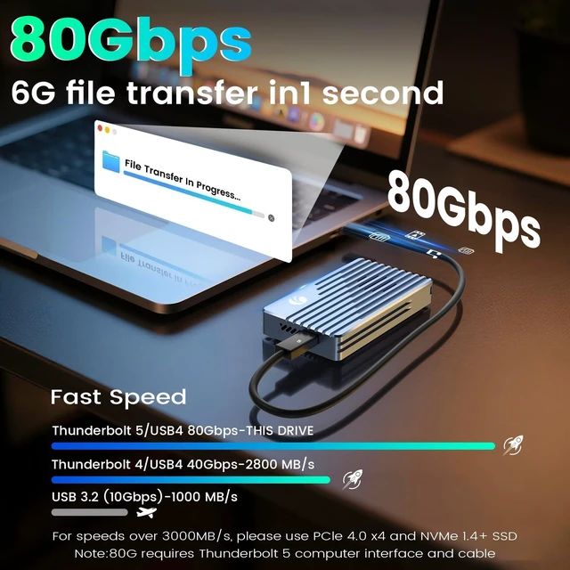 Alt view image 2 of 5 - VCOM 80Gbps M.2 NVMe SSD Enclosure with Cooling Fan, Aluminium Alloy Enclosure Compatible with Thunderbolt 5/4/3/USB4 External SSD Case for Gaming, Editing, Mac and PC, Support M/B+M Key SSD