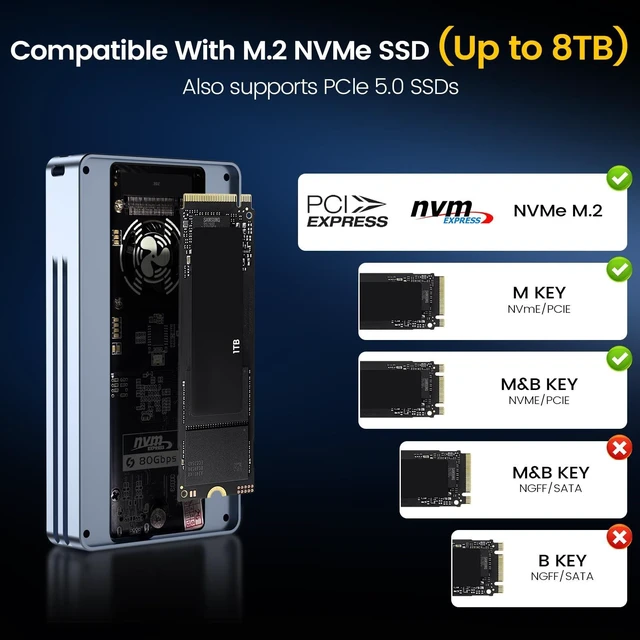 Alt view image 4 of 5 - VCOM 80Gbps M.2 NVMe SSD Enclosure with Cooling Fan, Aluminium Alloy Enclosure Compatible with Thunderbolt 5/4/3/USB4 External SSD Case for Gaming, Editing, Mac and PC, Support M/B+M Key SSD