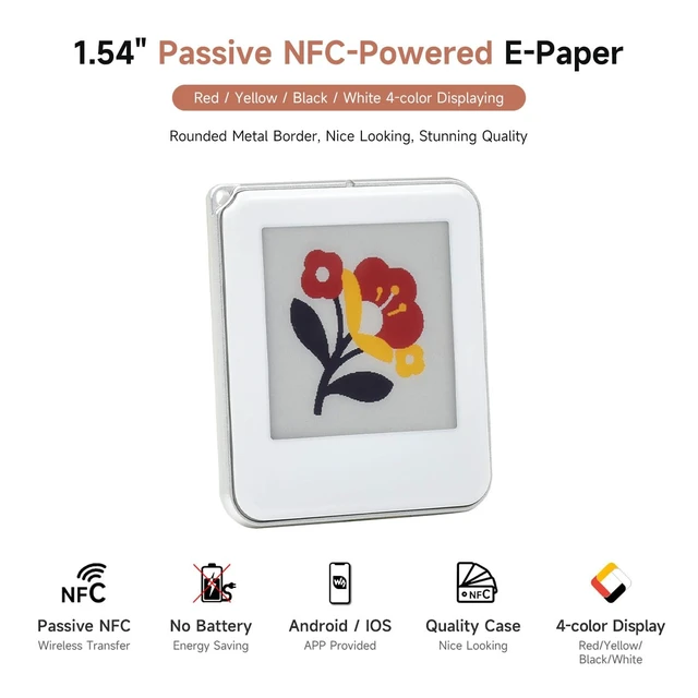 Alt view image 3 of 5 - waveshare 1.54inch Color NFC E-Ink Display with Red, Yellow, Black, and White, 4 Colors, Battery-Free, Wireless Power & Image Refresh, Silver Border