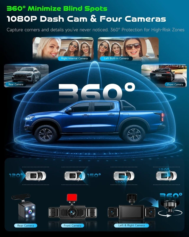 Alt view image 2 of 5 - 4 Channel Dash Cam Front and Rear Inside, 360 Dash Camera for Cars