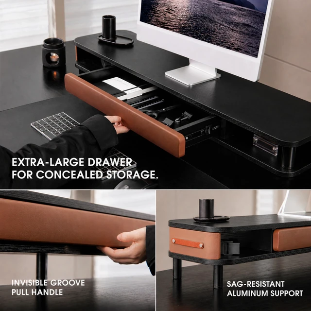 Alt view image 4 of 5 - Fenge Dual Monitor Stand with Large Storage Drawer, 42.5" Desk Shelf, Black