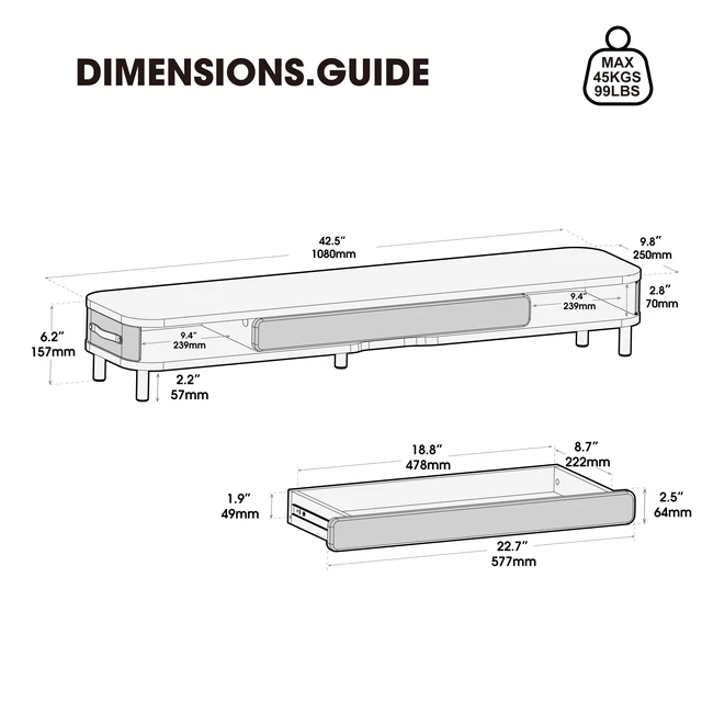 Alt view image 3 of 5 - Fenge Dual Monitor Stand with Large Storage Drawer, 42.5" Desk Shelf, Black