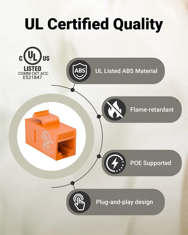 Alt view image 2 of 5 - VCE UL Listed CAT6 Keystone Coupler PoE, Orange, 25-Pack