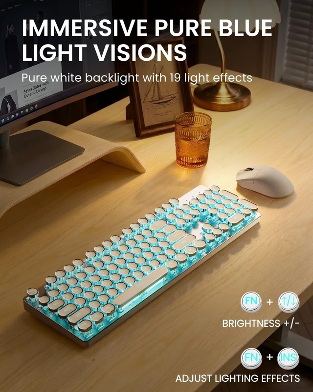 Alt view image 3 of 5 - Wireless Keyboard and Mouse Combo, Blue Backlit Typewriter - White