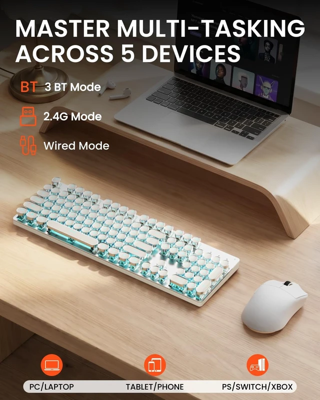 Alt view image 4 of 5 - Wireless Keyboard and Mouse Combo, Blue Backlit Typewriter - White