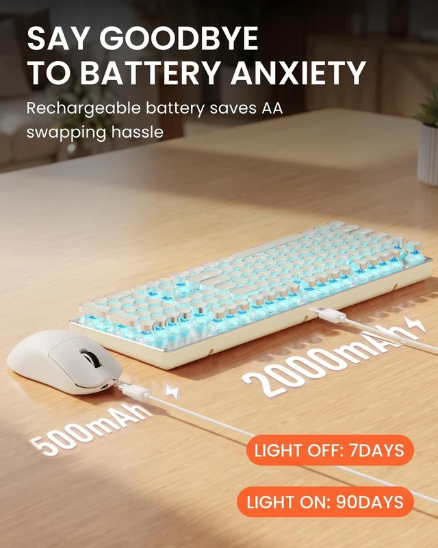 Alt view image 5 of 5 - Wireless Keyboard and Mouse Combo, Blue Backlit Typewriter - White