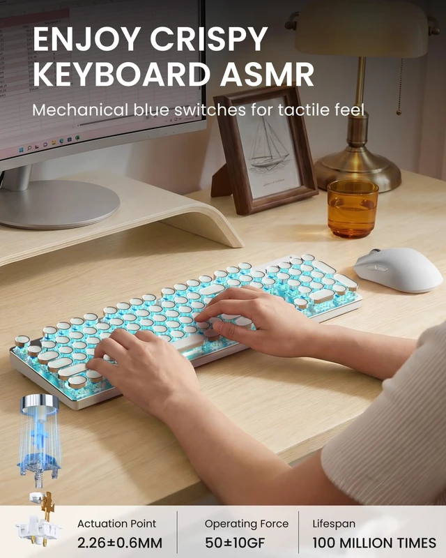 Alt view image 2 of 5 - Wireless Keyboard and Mouse Combo, Blue Backlit Typewriter - White