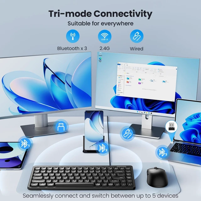 Alt view image 2 of 5 - TECKNET Compact Wireless Keyboard and Mouse Combo, 3-Mode Rechargeable