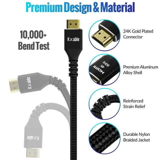 Alt view image 3 of 5 - 4K HDMI Cable 4 Feet (5 Pack), Ultra HD HDMI 2.0 Cable, Nylon Braided & Gold-Plated Connectors, 4K @ 60Hz, 2K ,1080P, HDCP 2.2, ARC, Bulk HDMI Cables for Laptop, Monitors, HDTV, PS5, Xbox One & More
