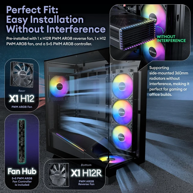Alt view image 4 of 5 - Okinos Aqua 93, ATX PC Case, Tempered Glass Top & Front & Side Panel, 2 120mm ARGB PWM Fan Pre-Installed, Support 360mm Radiator, Back-Connect Motherboard Compatible, Type C Port, Gaming PC Case ATX
