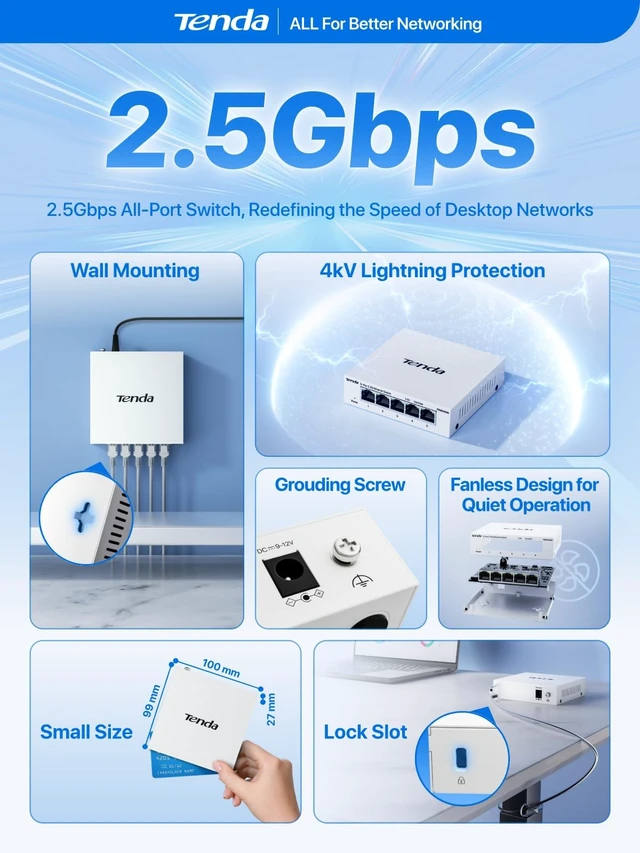 Alt view image 2 of 5 - Tenda 5 Port 2.5G Network Switch, Unmanaged Desktop 2.5Gb Ethernet Splitter