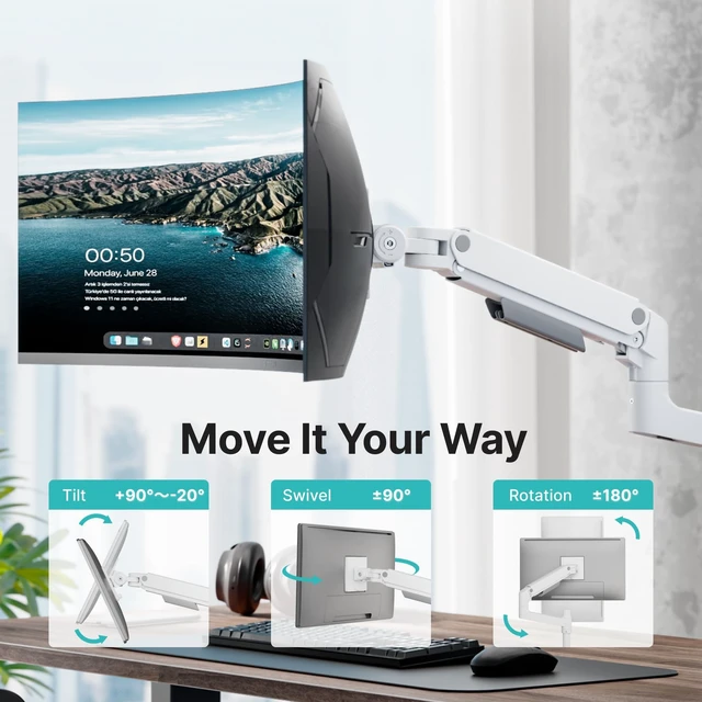 Alt view image 4 of 5 - Single Monitor Arm for 17"-49" Monitors, 44 lbs, VESA 75/100, White