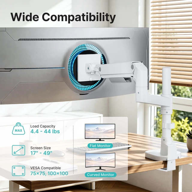 Alt view image 2 of 5 - Single Monitor Arm for 17"-49" Monitors, 44 lbs, VESA 75/100, White