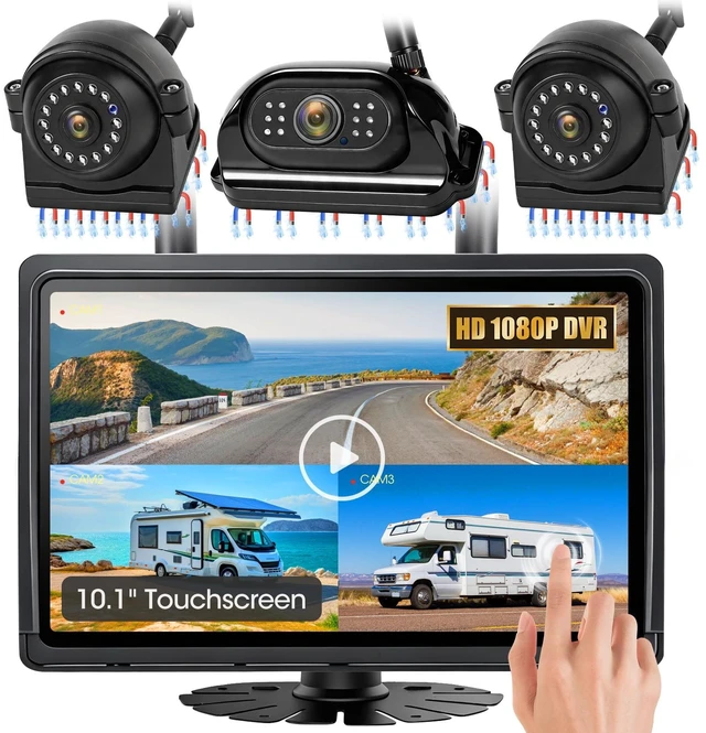 Main image of WOOCARTY 10.1" - 3 Magnetic Wireless RV Backup Camera System, 1080P DVR Touchscreen Rear Side Cameras for Monitoring, Compatible with Furrion Pre-Wired Plug, Night Vision Camera for Trailer Tru