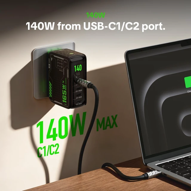 Alt view image 3 of 5 - MFish E-Rhino 165W 4-Port GaN USB C Charger, 140W MacBook Pro Charger