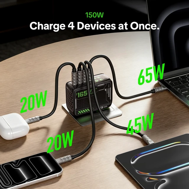 Alt view image 4 of 5 - MFish E-Rhino 165W 4-Port GaN USB C Charger, 140W MacBook Pro Charger