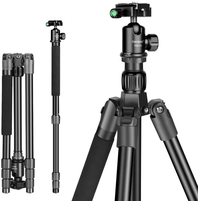 Main image of TONYBOO 61.5" Camera Tripod, Aluminum Tripod Monopod with Arca Swiss Ball Head, Heavy Duty Lightweight Reversible Travel Tripod for DSLR Mirrorless Camcorders Phone, Max Load 22 lbs