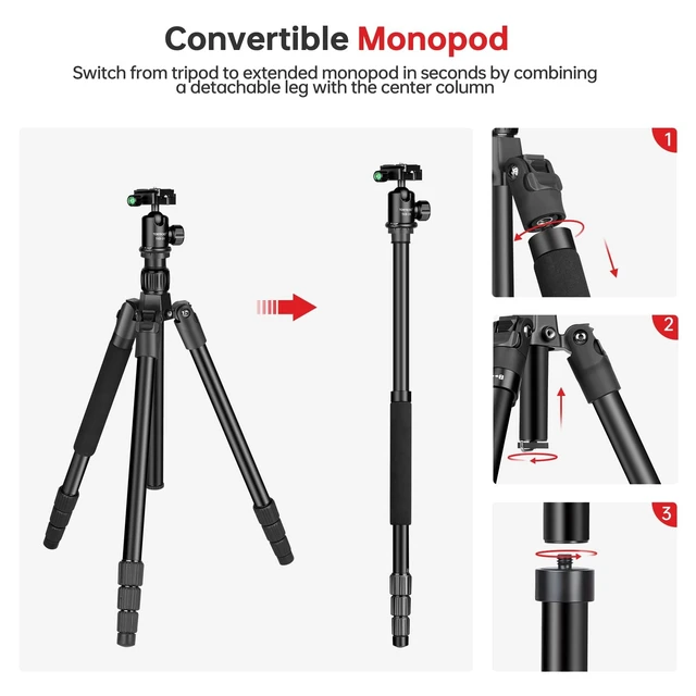 Alt view image 5 of 5 - TONYBOO 61.5" Camera Tripod, Aluminum Tripod Monopod with Arca Swiss Ball Head, Heavy Duty Lightweight Reversible Travel Tripod for DSLR Mirrorless Camcorders Phone, Max Load 22 lbs