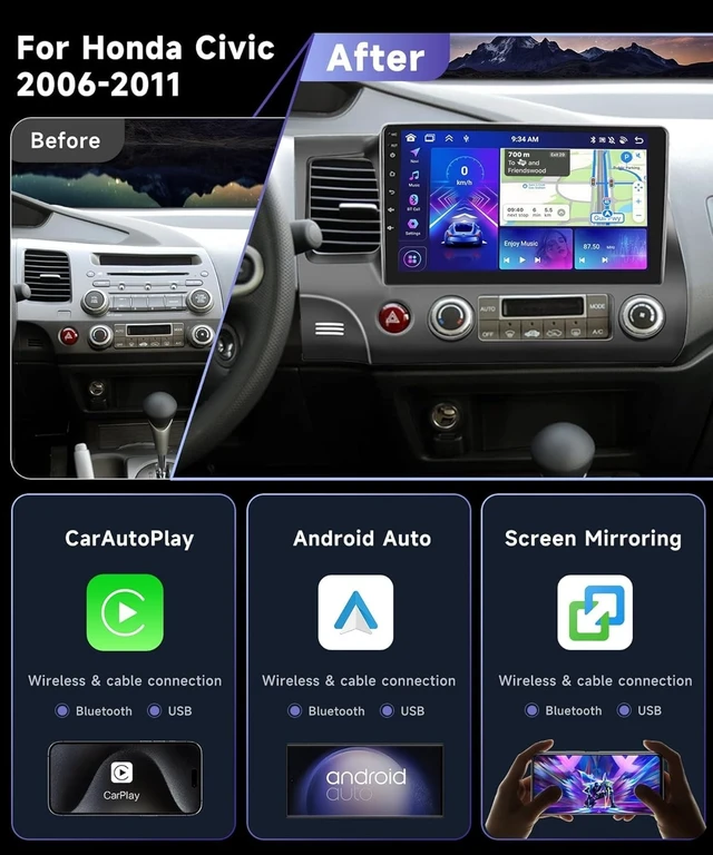Alt view image 2 of 5 - 8Core 6G 128G Car Radio for Honda Civic 2006-2011 Wireless CarPlay Stereo