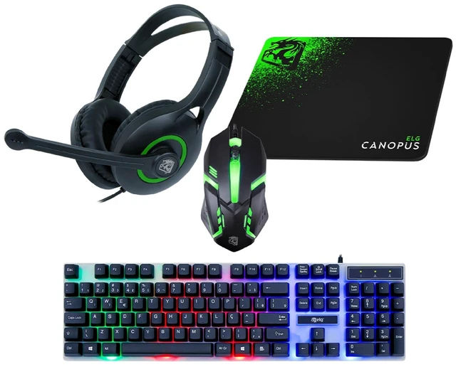 Main image of ELG Gaming Combo 4-in-1 Keyboard, Mouse, Over-Ear Headset, Mousepad, LED Backlit, Membrane, Anti-Ghosting, 1200 DPI, Wired, 3.5mm, PC/Laptop, Black