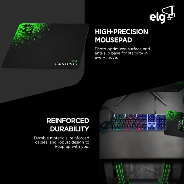 Alt view image 4 of 5 - ELG Gaming Combo 4-in-1 Keyboard, Mouse, Over-Ear Headset, Mousepad, LED Backlit, Membrane, Anti-Ghosting, 1200 DPI, Wired, 3.5mm, PC/Laptop, Black