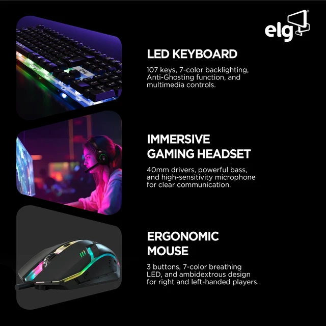 Alt view image 3 of 5 - ELG Gaming Combo 4-in-1 Keyboard, Mouse, Over-Ear Headset, Mousepad, LED Backlit, Membrane, Anti-Ghosting, 1200 DPI, Wired, 3.5mm, PC/Laptop, Black