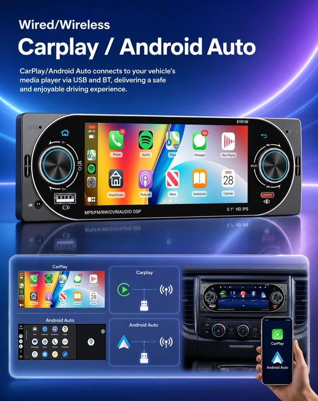 Alt view image 2 of 5 - Driauto Car Stereo Single Din Wireless CarPlay & Android Auto- MP5 Player