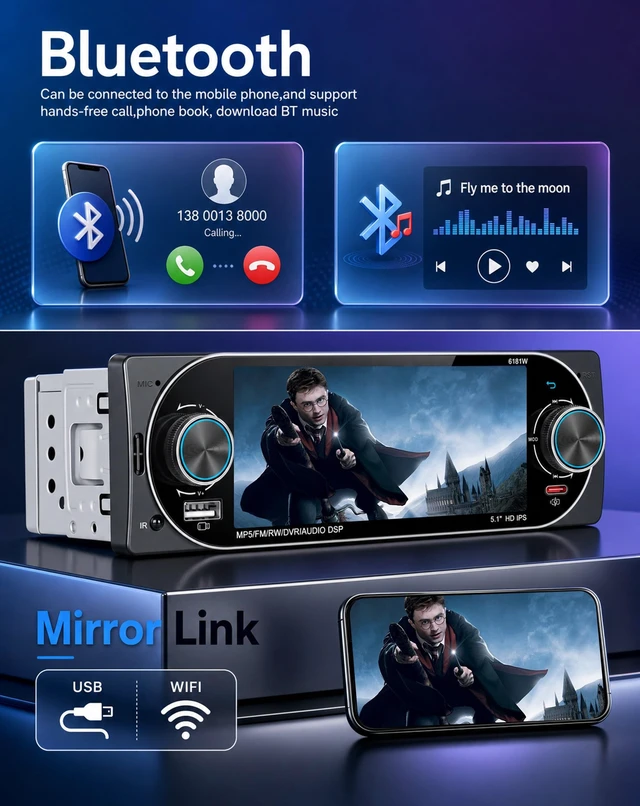 Alt view image 5 of 5 - Driauto Car Stereo Single Din Wireless CarPlay & Android Auto- MP5 Player
