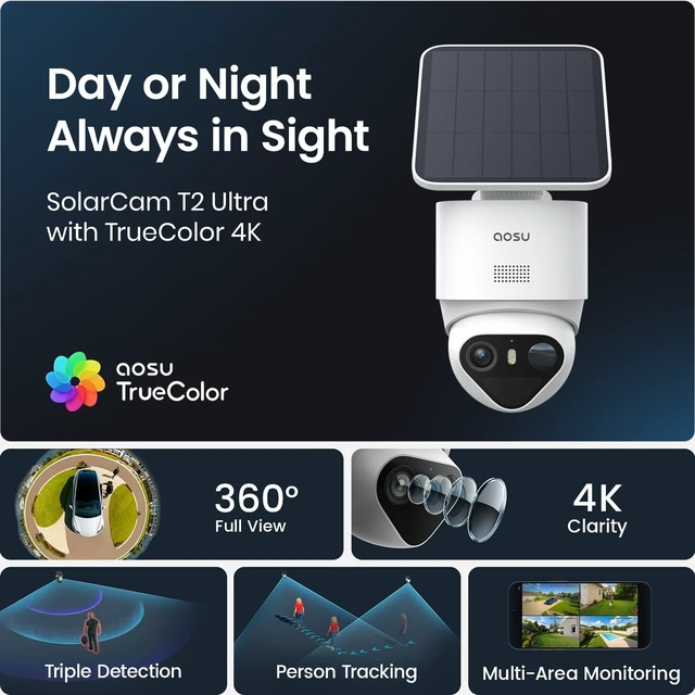 Alt view image 2 of 5 - aosu T2 Ultra 4K Solar Security Cameras Wireless Outdoor, 4-Cam Kit, Smart Home Security System with TrueColor Night Vision, AI Recognition&Motion Tracking, 360Pan&Tilt, Expandable 16TB Local S