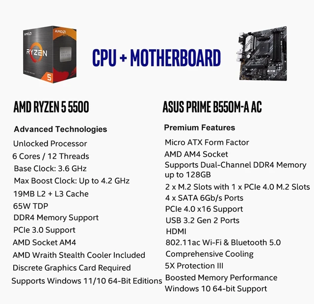Alt view image 2 of 5 - MICRO CENTER AMD 5500 Processor with ASUS Prime B550M-A AC MATX Motherboard